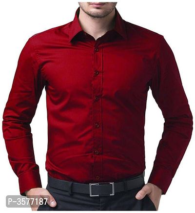Men's Red Cotton Solid Long Sleeves Slim Fit Casual Shirt-thumb0