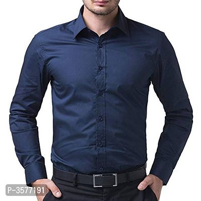 Men's Navy Blue Cotton Solid Long Sleeves Slim Fit Casual Shirt