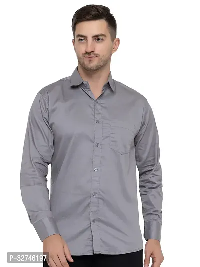 Stylish Grey Cotton Solid Long Sleeves Shirt For Men-thumb0