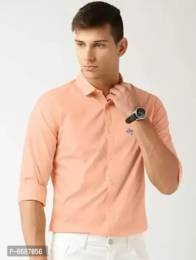 Peach Cotton Solid Casual Shirts For Men