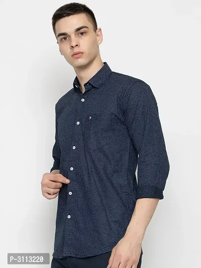 Men's Navy Blue Cotton Long Sleeves Printed Slim Fit Casual Shirt-thumb2