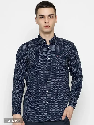 Men's Navy Blue Cotton Long Sleeves Printed Slim Fit Casual Shirt-thumb3