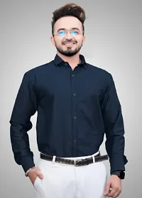 Navy Blue Cotton Solid Casual Shirts For Men-thumb3