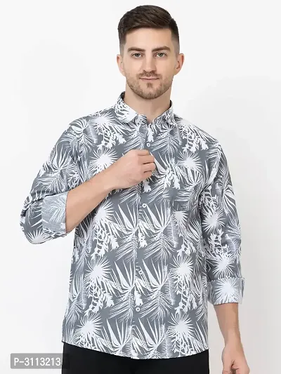Men's White Cotton Long Sleeves Printed Slim Fit Casual Shirt