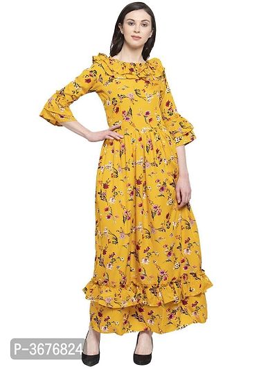 Women's Yellow Crepe Printed Maxi Length Casual Dress