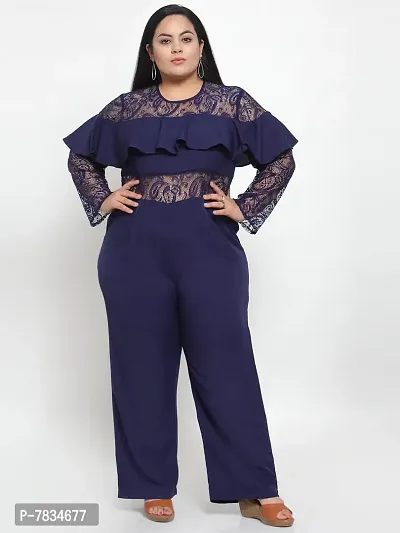 Reliable Navy Blue Crepe Solid Basic Jumpsuit For Women