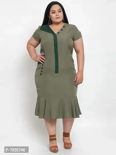 Stylish Olive Crepe Solid Knee Length Dresses For Women