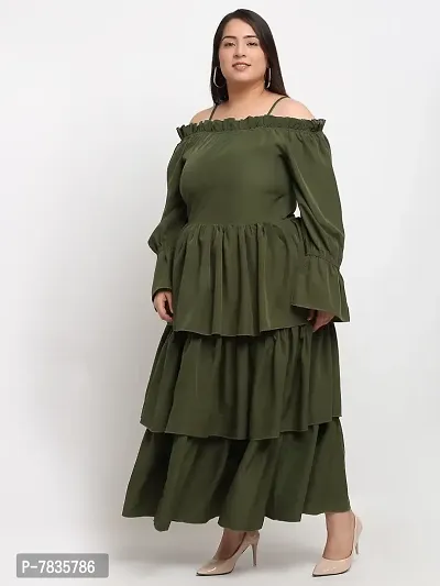 Stylish Olive Crepe Solid Maxi Length Dresses For Women