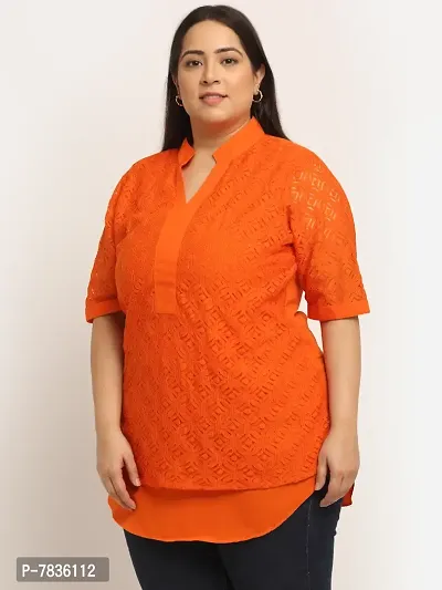 Contemporary Orange Crepe Self Design Casual Tops For Women