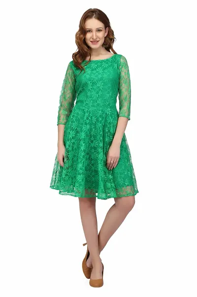 Women Net Solid Knee Length Fit And Flare Dress