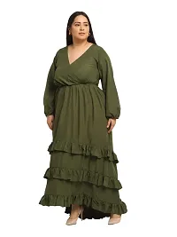 Flambeur Full Sleeve V Neck Regular Fit OliveGreen Color Crepe Fabric Solid Print Full Length Maxi Dress for Women-thumb1