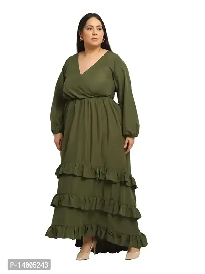 Flambeur Full Sleeve V Neck Regular Fit OliveGreen Color Crepe Fabric Solid Print Full Length Maxi Dress for Women-thumb2