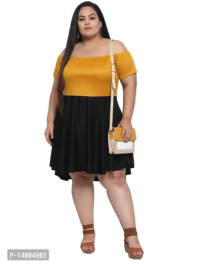 Flambeur Women's Hosiery  Polyester Mustard and Black Solid Off Shoulder Fit  Flared Dress-thumb5