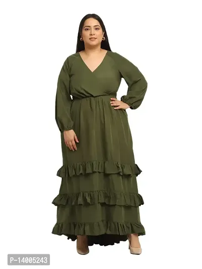 Flambeur Full Sleeve V Neck Regular Fit OliveGreen Color Crepe Fabric Solid Print Full Length Maxi Dress for Women-thumb0