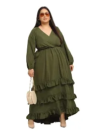 Flambeur Full Sleeve V Neck Regular Fit OliveGreen Color Crepe Fabric Solid Print Full Length Maxi Dress for Women-thumb2