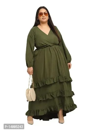 Flambeur Full Sleeve V Neck Regular Fit OliveGreen Color Crepe Fabric Solid Print Full Length Maxi Dress for Women-thumb3