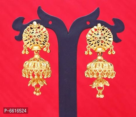 Gold Plated Traditional Jewellery Gold Ethnic Copper Screw Back Studs Long 3 Layer Jhumkas Earrings For Women girls-thumb0