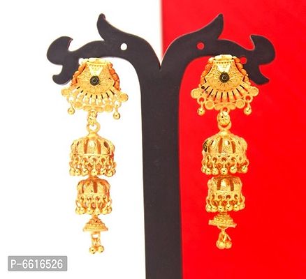 Gold Plated Traditional Jewellery Gold Ethnic Copper Screw Back Studs Long 3 Layer Jhumkas Earrings For Women girls
