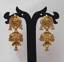 Gold Plated Traditional Jewellery Gold Ethnic Copper Screw Back Studs Long 3 Layer Jhumkas Earrings For Women girls-thumb1