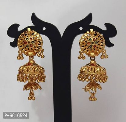Gold Plated Traditional Jewellery Gold Ethnic Copper Screw Back Studs Long 3 Layer Jhumkas Earrings For Women girls-thumb2