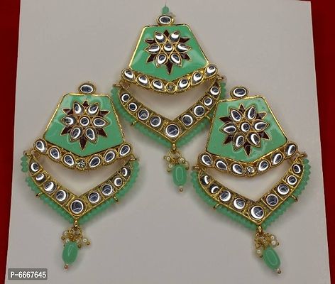 Stylish Traditional kundan Meenakari Maang Tikka Earrings Jewellery
