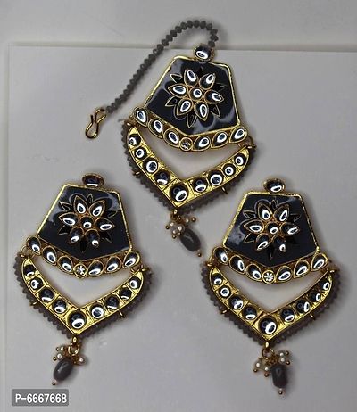 Stylish Traditional kundan Meenakari Maang Tikka Earrings Jewellery