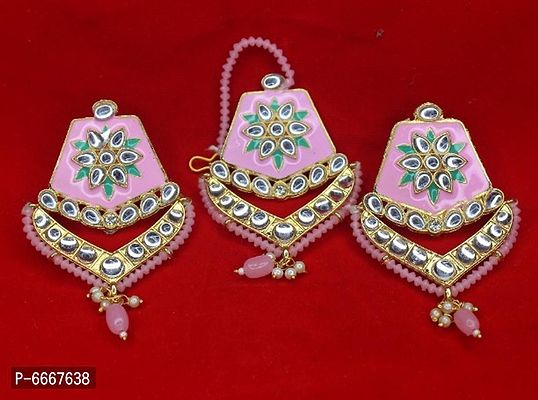 Stylish Traditional kundan Meenakari Maang Tikka Earrings Jewellery-thumb2