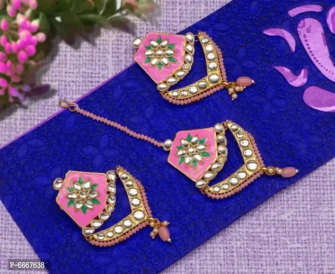 Stylish Traditional kundan Meenakari Maang Tikka Earrings Jewellery-thumb3