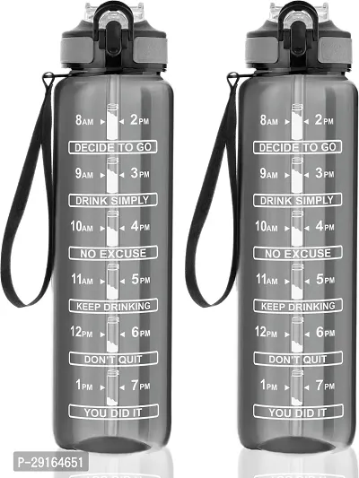 2Mech Water Bottles with Times to Drink and Straw, Motivational Water Bottle 1000 ml Bottle (Pack of 2, Black, Plastic)-thumb0