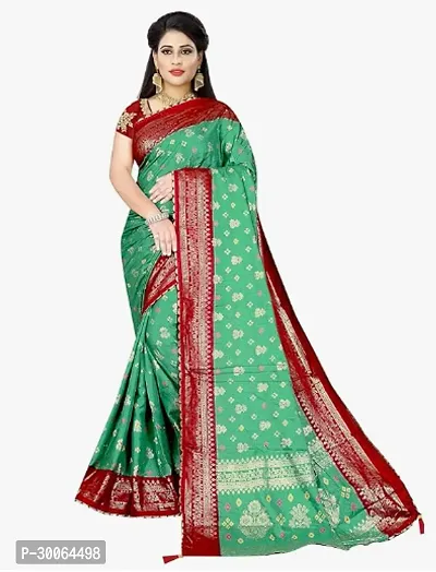 Stylish Cotton Silk Green Self Pattern Saree With Blouse Piece