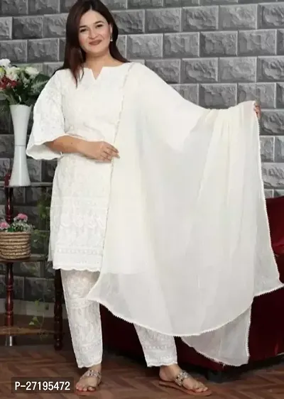 Stylish White Rayon Kurta, Bottom And Dupatta Set For Women-thumb0
