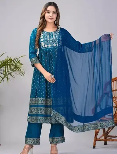 Stylish Rayon Kurta, Bottom And Dupatta Set For Women