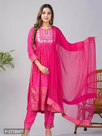 Stylish Pink Rayon Kurta, Bottom And Dupatta Set For Women