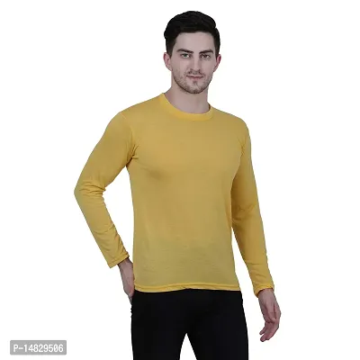 Reliable Yellow Cotton Blend Self Pattern Round Neck Tees For Men