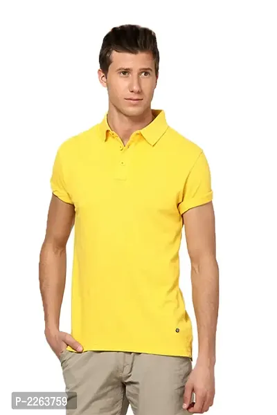 Reliable Yellow Cotton Blend Solid Polos For Men
