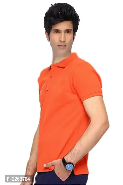 Reliable Orange Cotton Blend Solid Polos For Men-thumb2