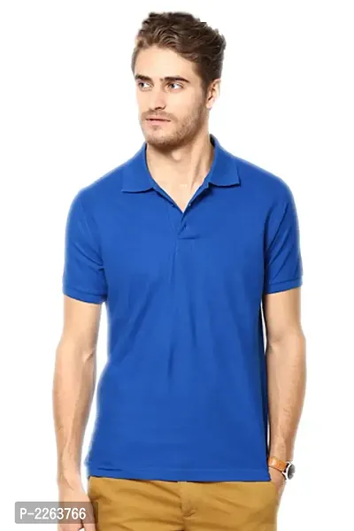 Reliable Blue Cotton Blend Solid Polos For Men
