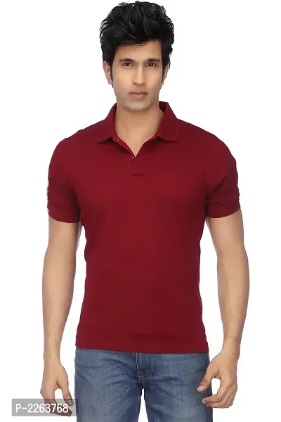 Reliable Maroon Cotton Blend Solid Polos For Men