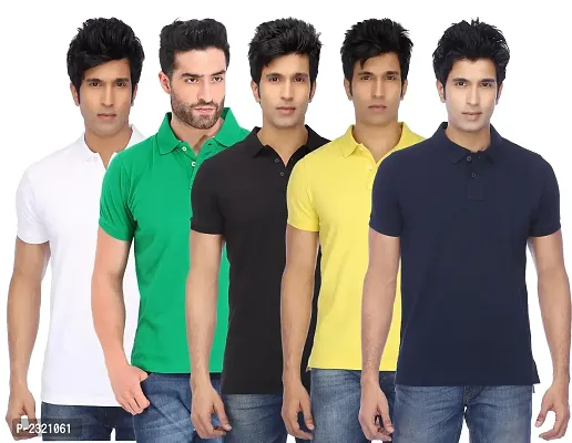 Men Multicolored Cotton Blend Slim Fit Polos T-Shirt (Pack of 5)