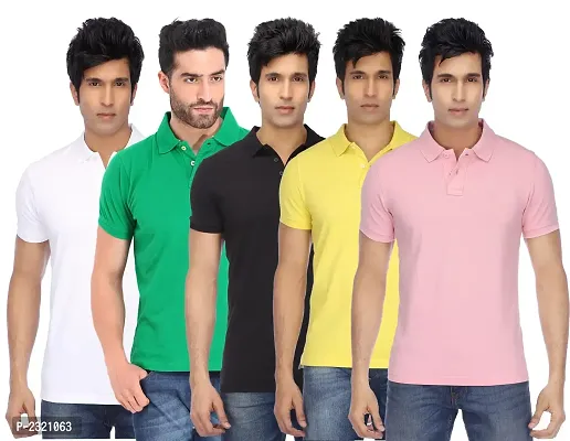 Men Multicolored Cotton Blend Slim Fit Polos T-Shirt (Pack of 5)