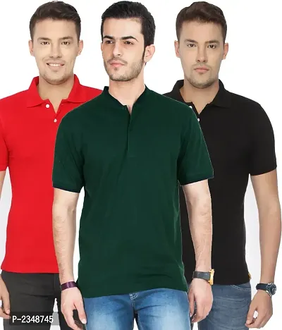 Stylish Cotton Blend Multicoloured Solid Polos Short Sleeves For Men Pack Of 3-thumb0