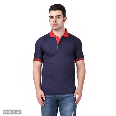 Reliable Navy Blue Polyester Blend Solid Round Neck Tees For Men-thumb0