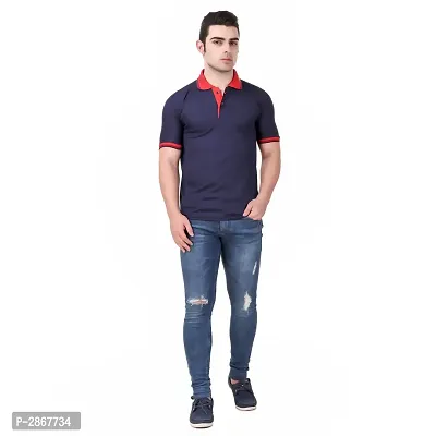 Reliable Navy Blue Polyester Blend Solid Round Neck Tees For Men-thumb2