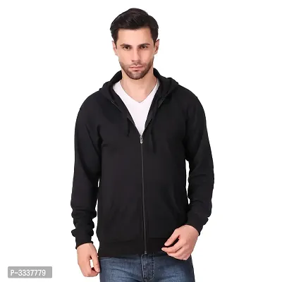 Black Solid Cotton Hooded Zipper Sweatshirt  for Men's-thumb0