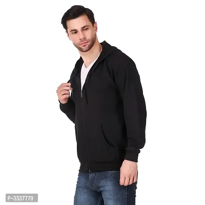 Black Solid Cotton Hooded Zipper Sweatshirt  for Men's-thumb3