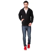 Black Solid Cotton Hooded Zipper Sweatshirt  for Men's-thumb3