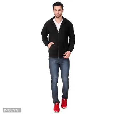 Black Solid Cotton Hooded Zipper Sweatshirt  for Men's-thumb4