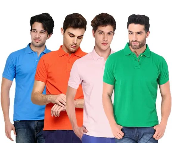 Men's Multicoloured Polyester Blend Solid Polo T Shirt Pack of 4