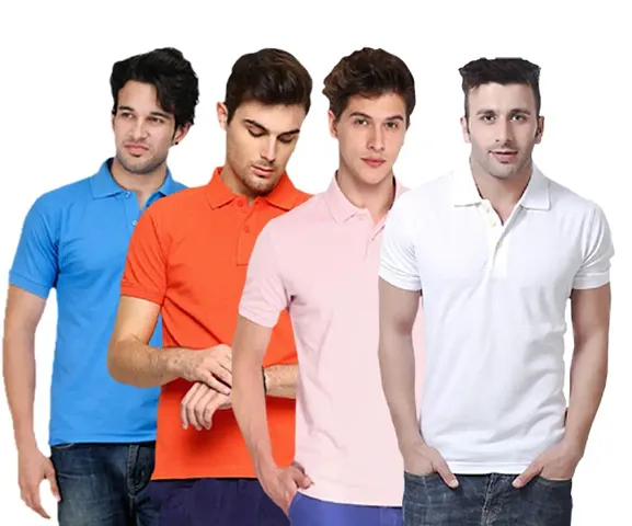 Men's Multicoloured Polyester Blend Solid Polo T Shirt Pack of 4