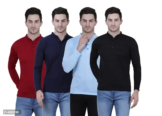 Stylish Solid Cotton Blend Henley T-shirt For Men ( Pack Of 4 )